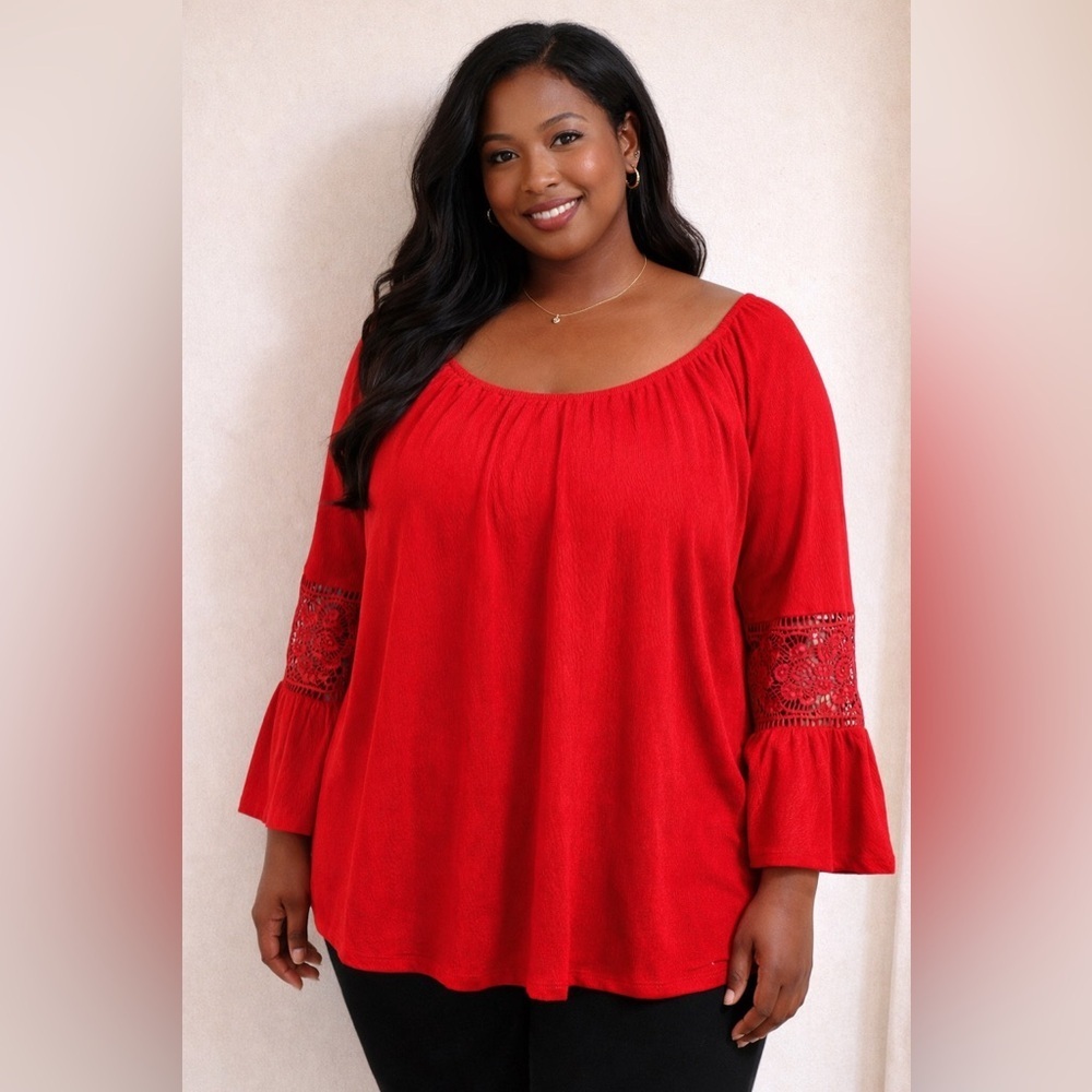 Fyve Red Boho Top 1X NWT Peasant Blouse Bell Sleeve Lace Plus